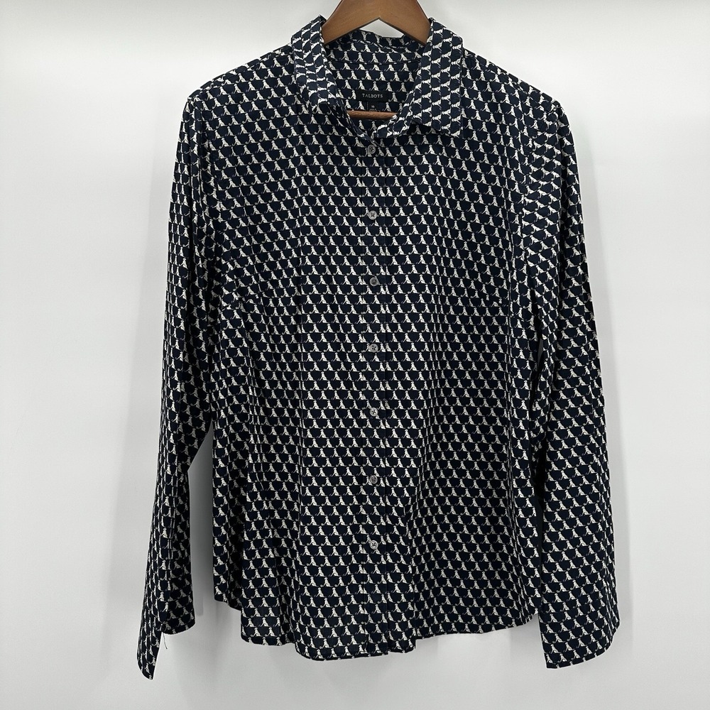 Talbots Top Shirt Womens 16 Blue Dog Print Button Front Casual Yellow Lab